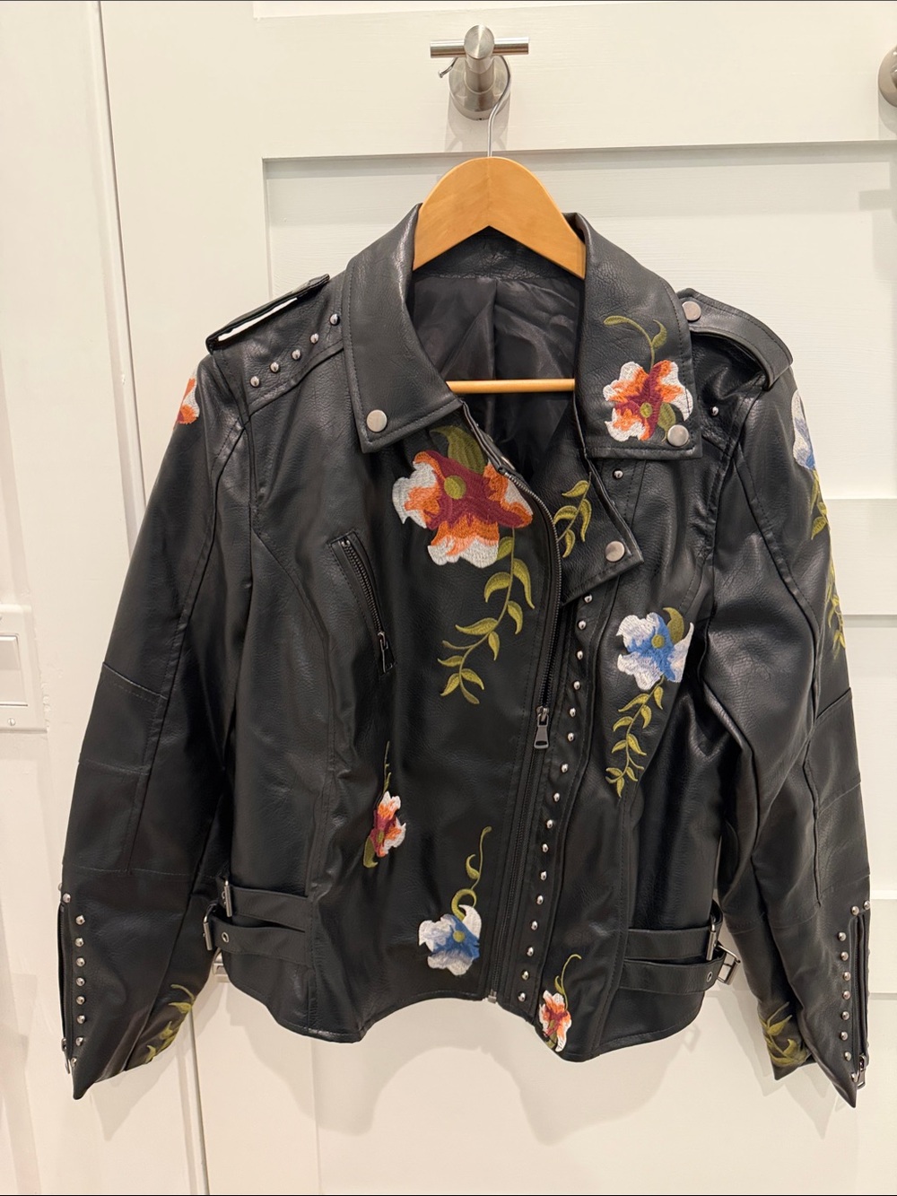 Black Floral Embroidered Leather Moto Jacket